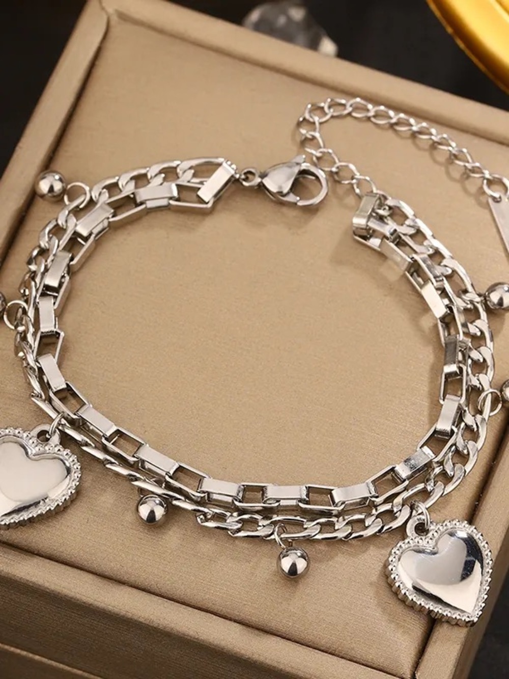 Sterling Silver Heart Charm Layered Bracelet - Silver